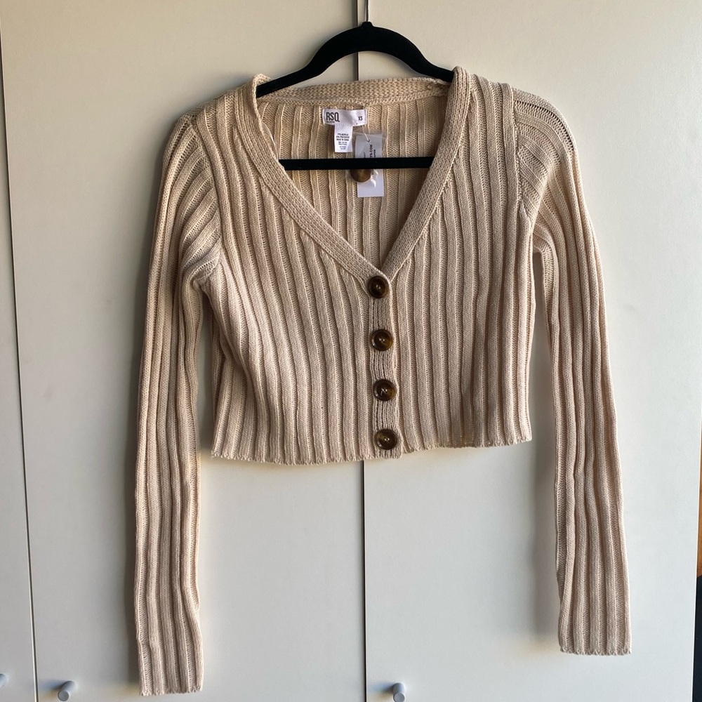 Nude / Cream Cropped Sweater w/ Buttons - Picture 1 of 3
